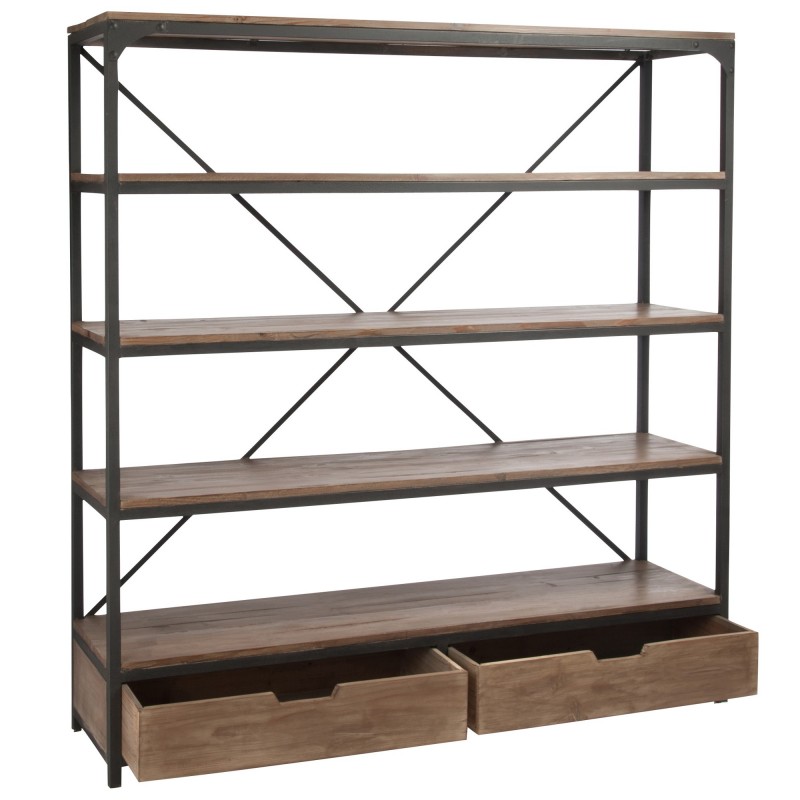 RACK BROWN WOOD METAL 4 SHELVES 2 DRAWERS 190 - CABINETS, SHELVES